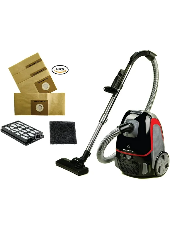 OVENTE Electric Bagged Canister Vacuum Cleaner, 4 Dust Bags, 1 Filter, Black ST1600B + ACPST16041