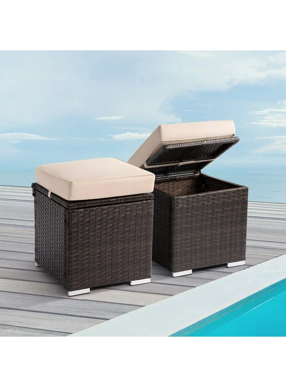 Outdoor Ottoman for Patio, Rattan Wicker Ottoman with Storage Outdoor Foot Rest Footstool seat for Patio Furniture w/Removeable Extra Thick Cushion for Balcony Backyard Garden Poolside Set of 2 Beige
