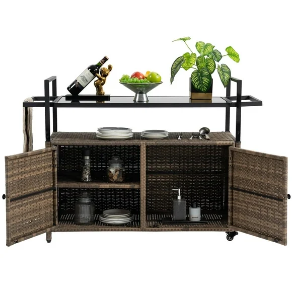 Outdoor Wicker Bar Cart, Patio Bar Console Table with Storage Cabinet & Glass Top, Patio Serving Table with Wheels for Outside Backyard Kitchen, Light Brown