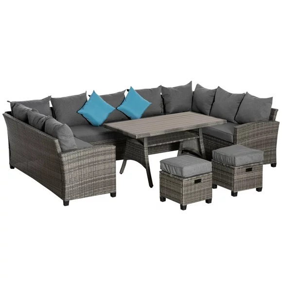 Outsunny Patio Furniture Sectional Sofa w/ Ottomans & Table, Gray