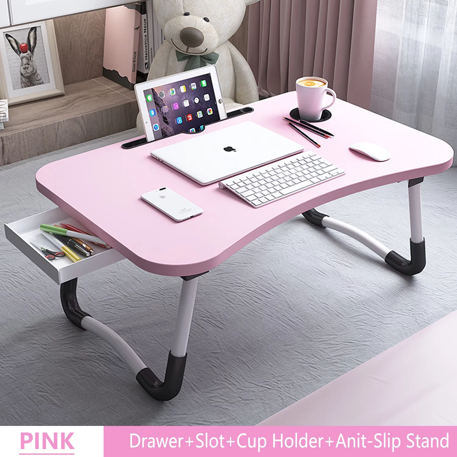 PHANCIR Foldable Lap Desk, 23.6 Inch Portable Wood Laptop Desk Table Workspace Organizer Bed Tray with iPad Slots, Cup Holder and Drawer, Anit-Slip for Working Reading Writing, Eating, Watching-Pink