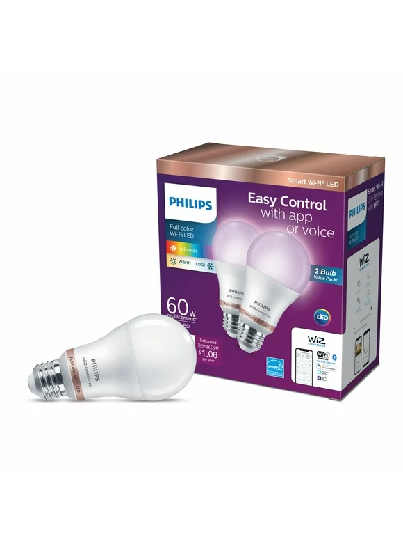 Philips Smart Wi-Fi Connected LED 60-Watt A19 Light Bulb, Frosted Color & Tunable White, Dimmable, E26 Medium Base (2-Pack)