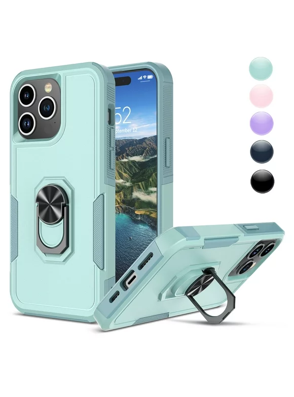 Phone Case for iPhone 15,15 Pro,15 Plus,15 Pro Max Case,Heavy Duty Shockproof Full Body Phone Cover Built in 360°Rotatable Ring Holder Magnetic Kickstand for Apple iPhone 15 6.1", 2023 Green