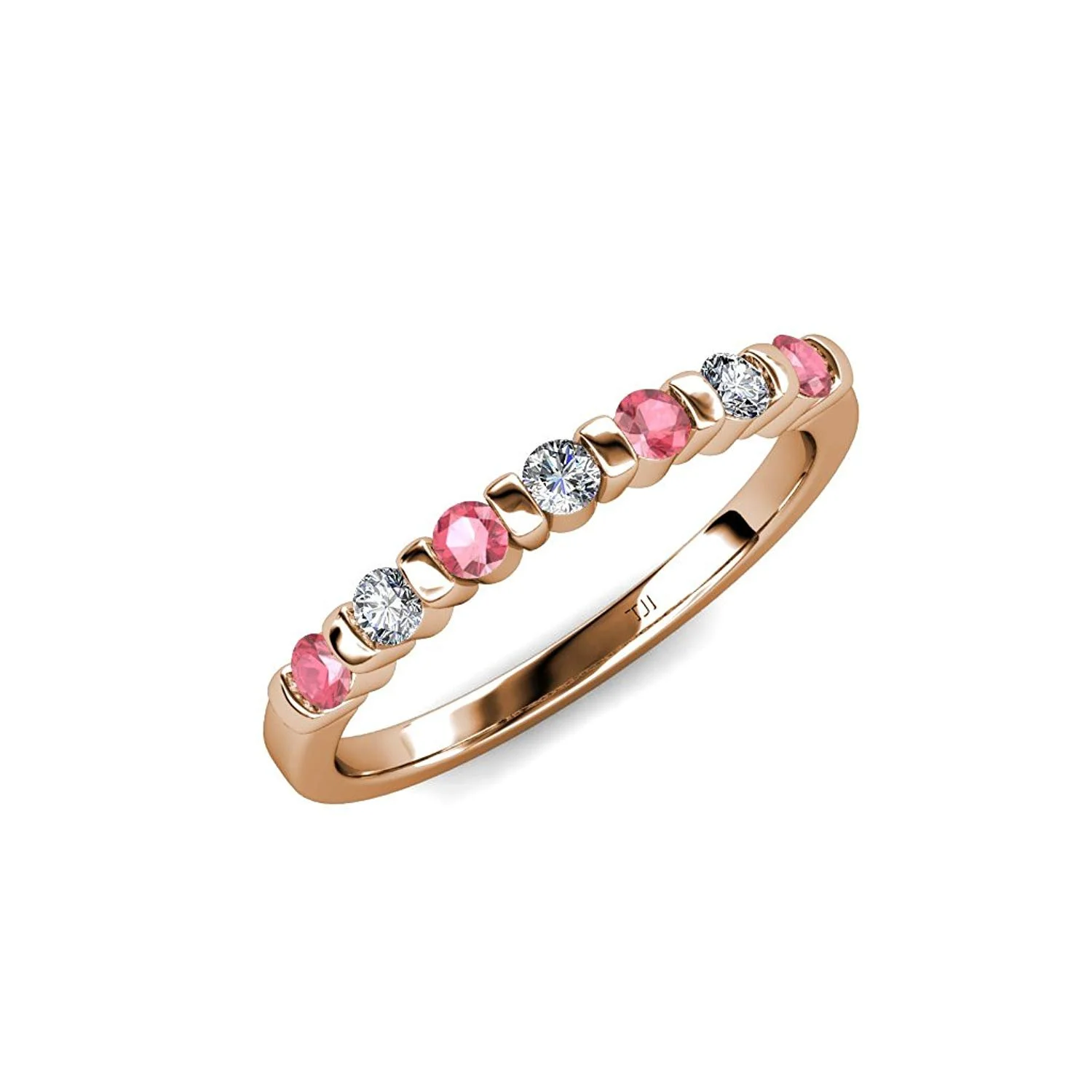 Pink Tourmaline and Diamond 7 Stone Wedding Band 0.22 ct tw in 14K Rose Gold.size 4.5