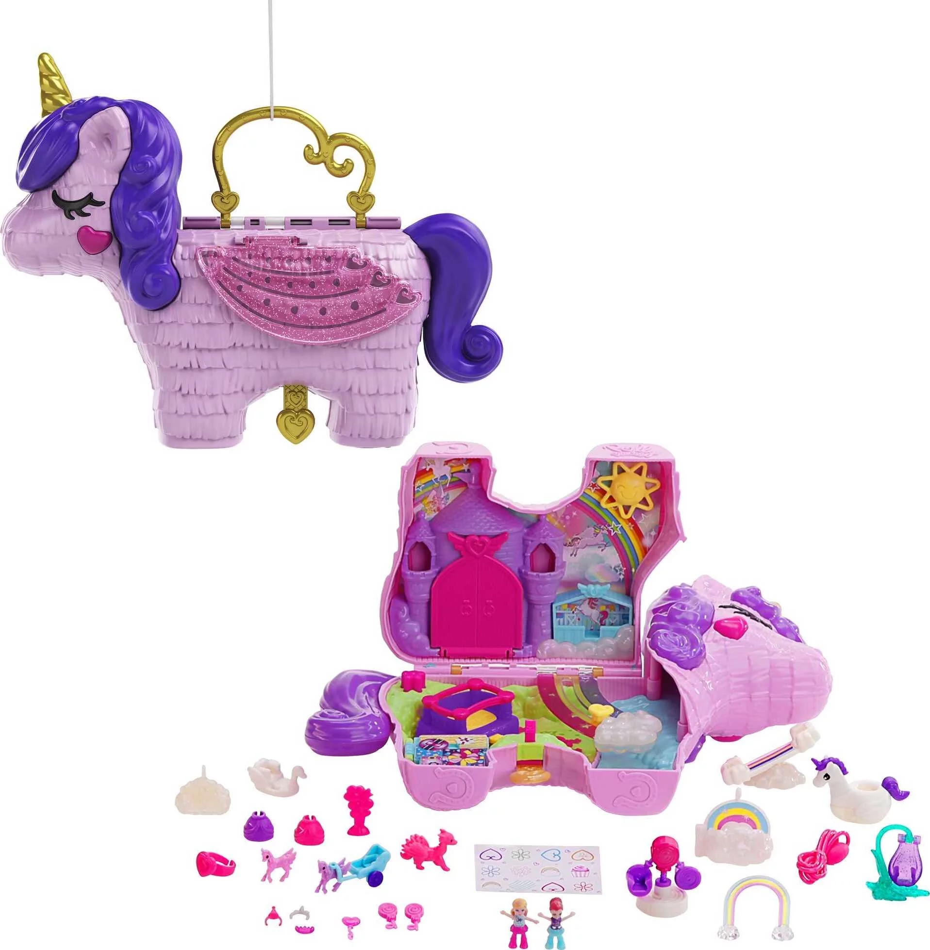 Polly Pocket 2-in-1 Unicorn Party Travel Toy, Large Compact with 2 Dolls & 25 Surprise Accessories