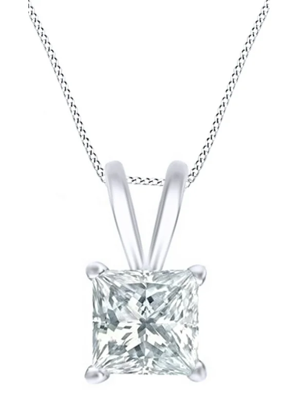 Princess Cut White Natural Diamond Solitaire Pendant Necklace In 14k White Gold  ( CTTW 0.66  )
