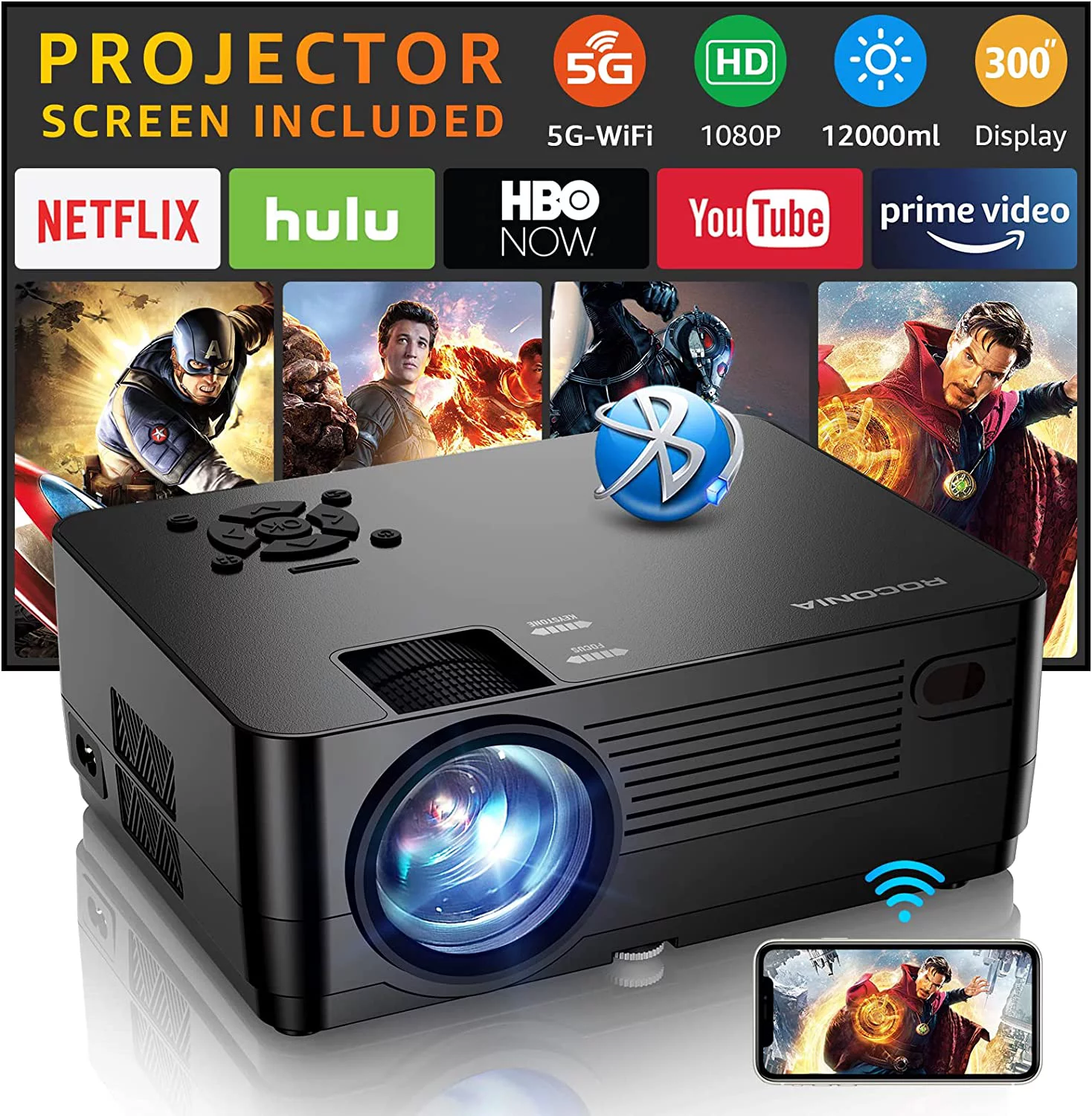 ROCONIA 5G WiFi Bluetooth Native 1080P Projector, 13000LM Full HD Movie Projector, LCD Technology 300" Display Support 4k Home Theater,(Projector Screen Included)