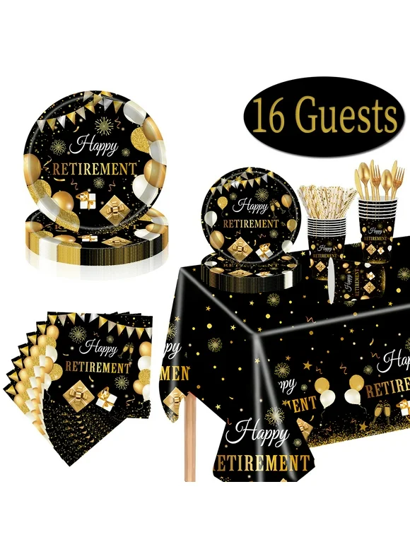 Retirement Paper Plates and Napkins Disposable Dinnerware Retirement Party Supplies Retirement Tableware Set for 16 guests Black Gold