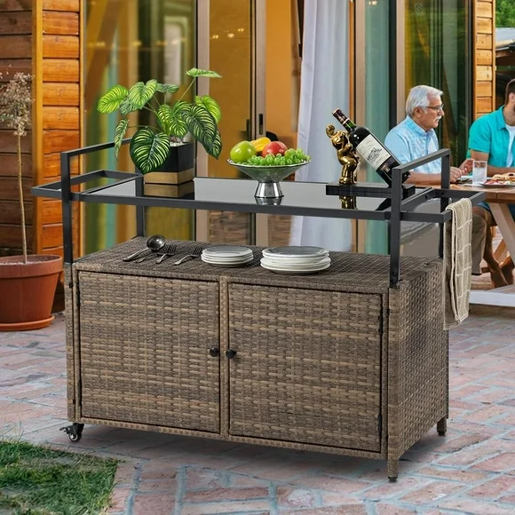 SEGMART Outdoor Rolling Wicker Bar Cart, Large Portable Outdoor Wicker Bar Table with Cabinet Storage and Glass Countertop, Patio Wicker Serving Bar Cart for Pool, Party, Backyard, Light Brown