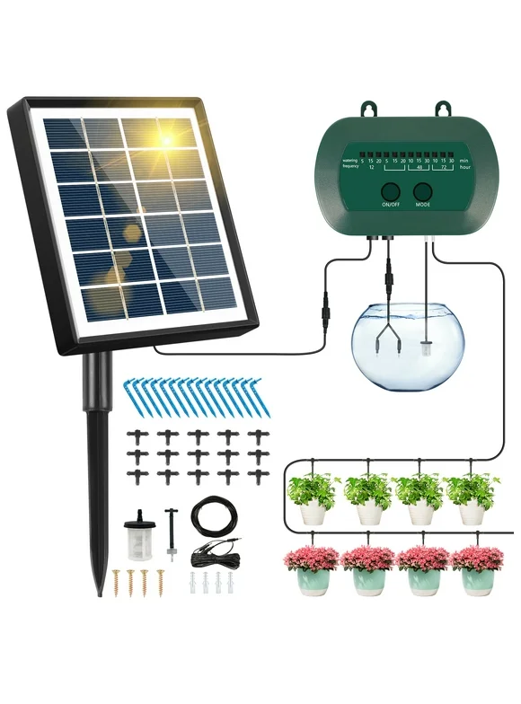 SUNOYAR Solar Drip Irrigation System, Automatic Drip Irrigation Kit with Sensor Timer 12 Timing Modes, Irrigation System for Garden Plant Watering Devices