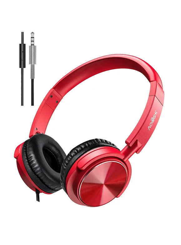 Seenda Wired headphones with microphone, foldable earphone headset with deep bass, adjustable headband and noise isolation for smartphone computer laptop Chromebook Zoom Discord (red)