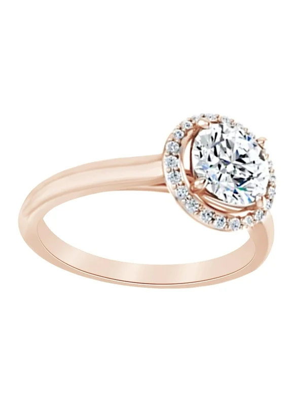 Simulated White Moissanite With Natural Diamond Halo Solitaire Ring In 14k Solid Rose Gold, Ring Size-9.5 By Jewel Zone US