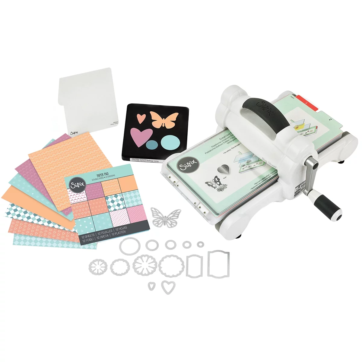 Sizzix Big Shot Die-Cut Machine Starter Kit with Paper - Manual Die Cutting & Embossing Machine for Arts & Crafts, Scrapbooking & Cardmaking, 6" Opening (White & Gray)
