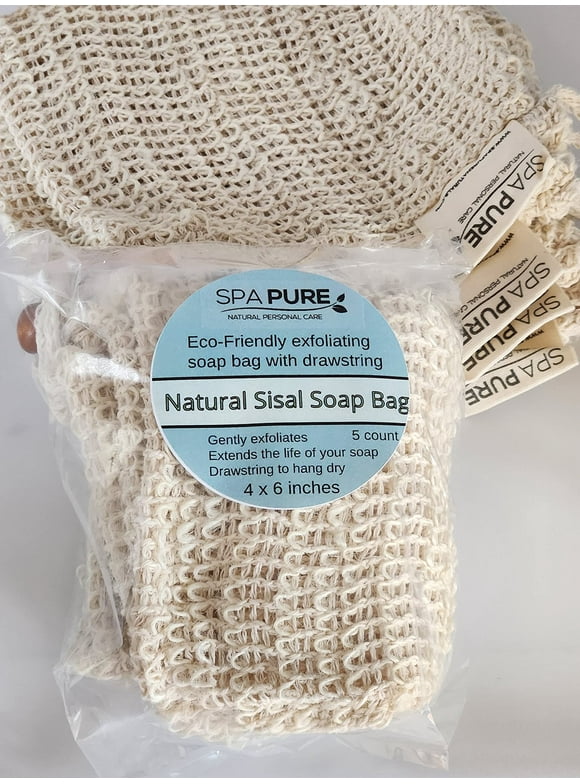 Spa Pure Natural Sisal Exfoliating Soap Bag: Drawstring Bag for Soap Bars, Gently Exfoliates, Extends The Life of Your Soap Bars, Handmade Soap Storage Bag, (5 Count) Pack of 1) (4 x 6)