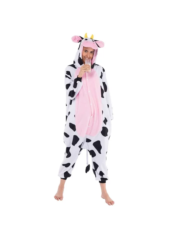 Spooktacular Creations Adult Cow Pajama Costume Plush Jumpsuit Unisex One Piece Animal set, Medium Size