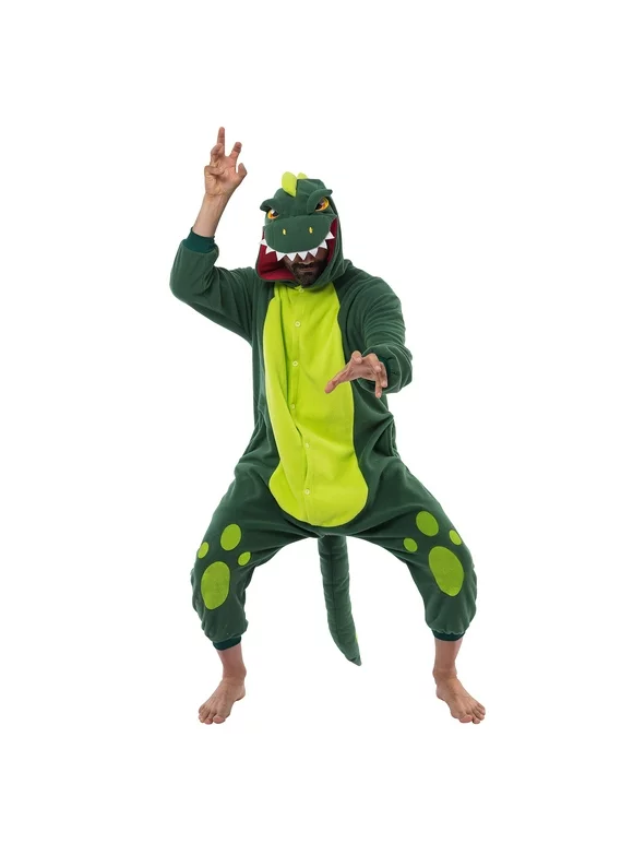 Spooktacular Creations Unisex Adult Dinosaur Onesie Pajamas Plush Dinosaur Suit Cute Green Halloween Costume for Dress Up Cosplay Themed Party Halloween Decor Easter Christmas Festival (Medium)