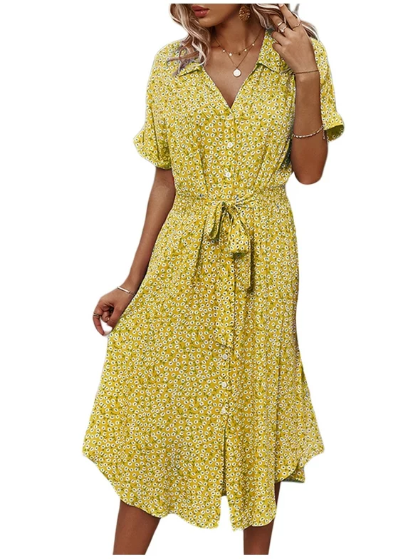 Spring hue Women's Button Midi Dress, Short Sleeve Floral Print Shirt Dress