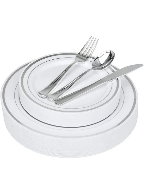 Stock Your Home Elegant 125-Piece Silver Rim Plastic Place Setting Set with Silverware - Disposable & Heavy-Duty