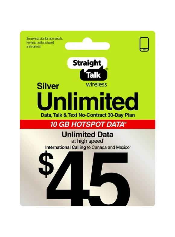 Straight Talk $45 Silver Unlimited 30-Day Prepaid Plan +10GB Hotspot Data + Int'l Calling e-PIN Top Up (Email Delivery)