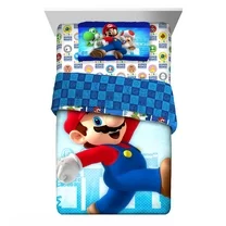 Super Mario Kids Twin Bed in a Bag, Gaming Bedding, Comforter and Sheets, Blue, Nintendo