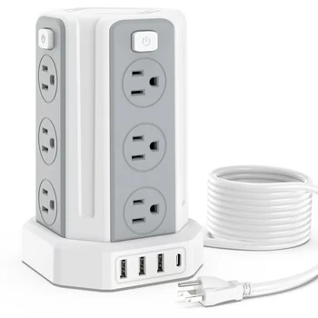 Surge Protector Power Strip Tower with 12 Outlets 4 USB Ports, 10ft Cord Electric Charging Station, White
