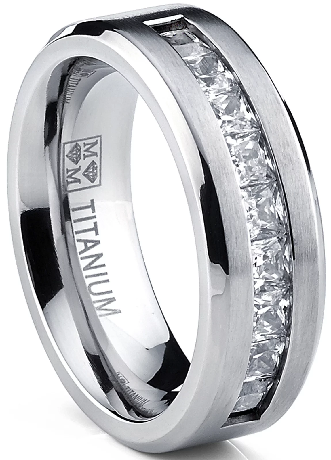 Titanium Men's Wedding Band Engagement Ring with 9 large Princess Cut Cubic Zirconia