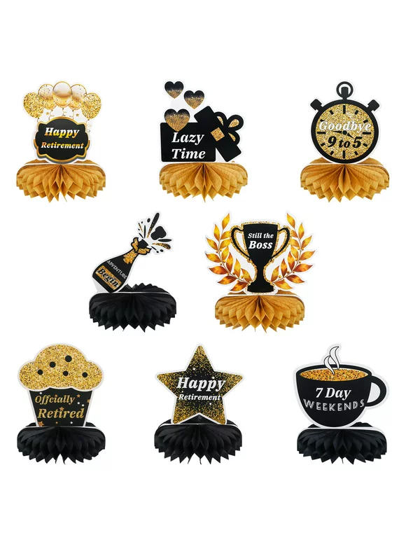 Topekada 8 Pieces Retirement Decorations, Happy Retirement Party Decorations, Retirement Table Toppers Honeycomb Table Centerpiece, Officially Retired, 7 Day Weekend, Lazy Time(Gold)
