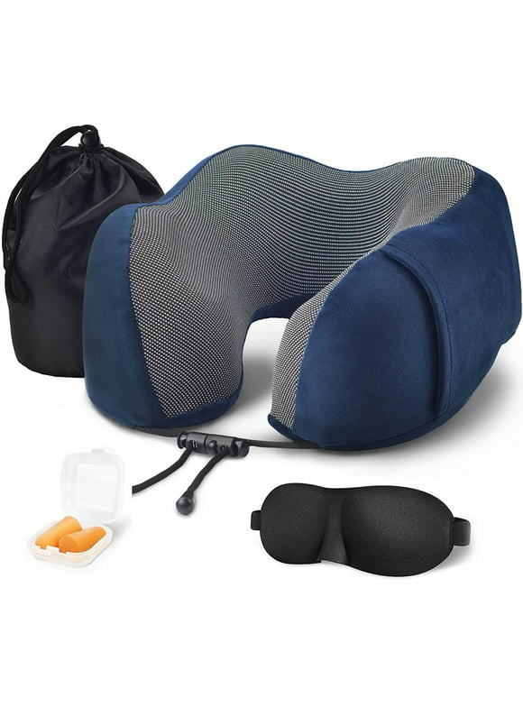 Travel Pillow Luxury Memory Foam Neck & Head Support Pillow Soft Sleeping Rest Cushion for Airplane Car & Home Best Gift (Navy Blue)