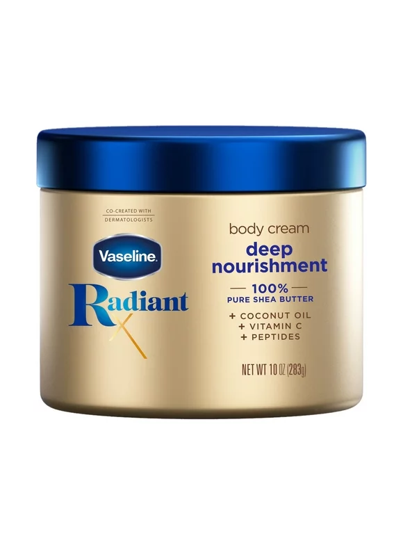 Vaseline Radiant X Deep Nourishment Body Cream for Dry Skin 100% Pure Shea Butter, Coconut Oil, Vitamin C, & Peptides, 10 oz