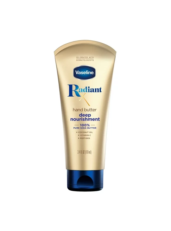 Vaseline Radiant X Deep Nourishment Hand Butter 100% Pure Shea Butter, with Coconut Oil, Vitamin C, & Peptides, 3.4 oz
