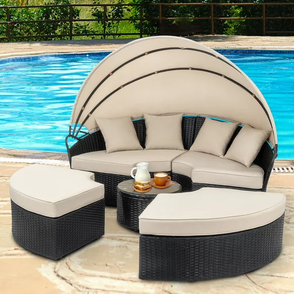 Walsunny Patio Furniture Outdoor Round Daybed with Retractable Canopy Wicker Rattan, Seating Separates Cushioned Seats Lawn Backyard Poolside Garden