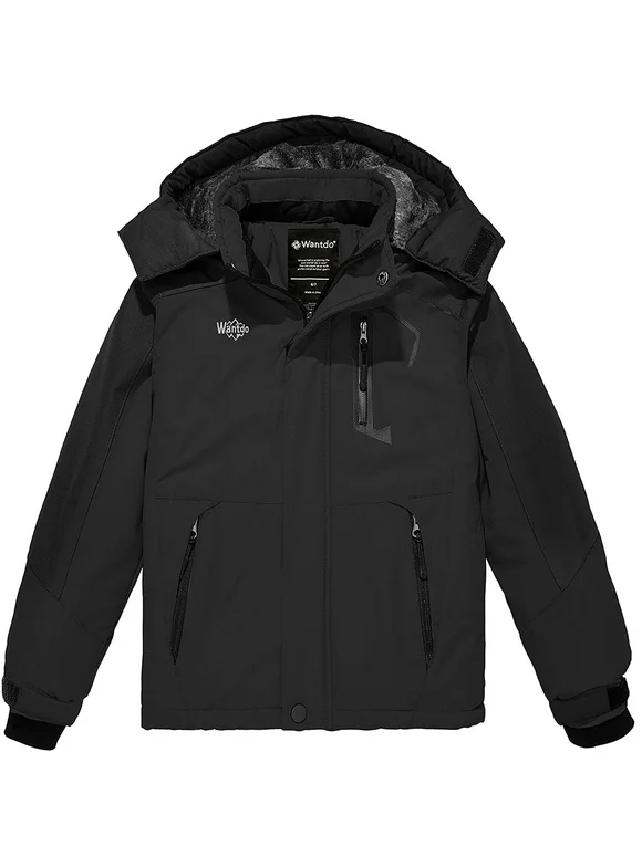 Wantdo Kid's Winter Jacket Hooded Ski Jacket Warm Winter Snow Coat Black 10/12