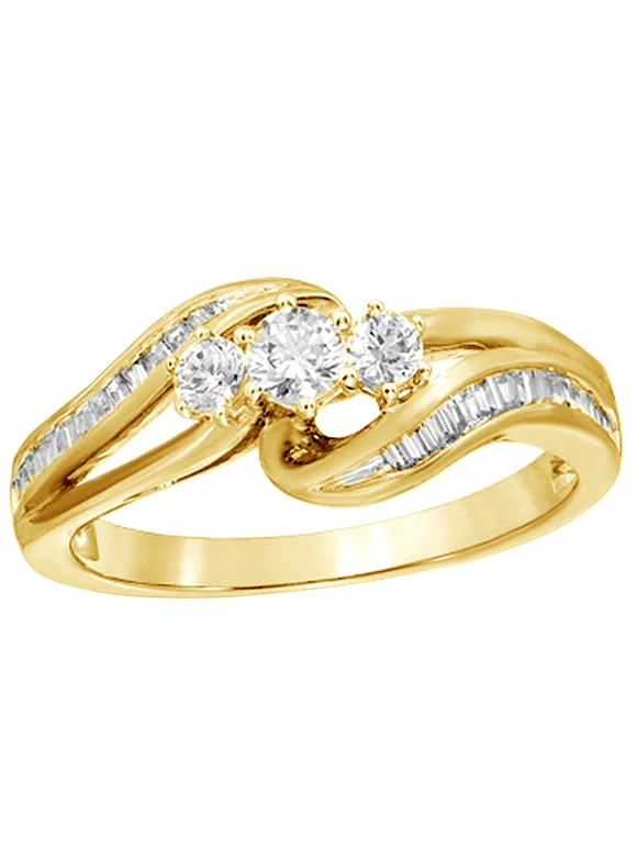 White Natural Diamond Three Stone Ring in 10k Yellow Gold By Jewel Zone US