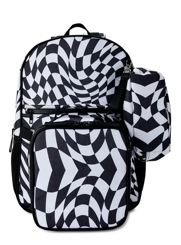 Wonder Nation Children's Backpack with Lunch Box and Pencil Case 3-Piece Set Black and White Twisted Check