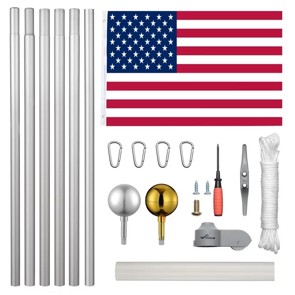 Yescom 20 Ft Aluminum Sectional Flagpole Kit 3'x5' US American Flag Gold Ball Kit Hardware Outdoor Garden Halyard Pole