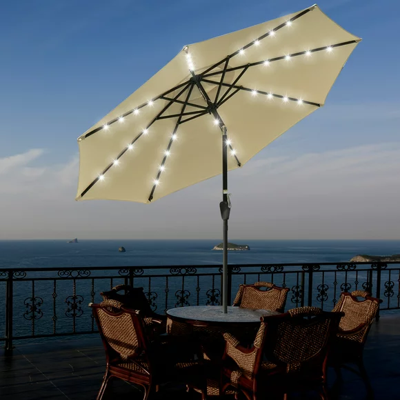 Yescom 9' Outdoor Solar Powered LED Umbrella 8 Rib 32 Light Patio Garden Market Umbrella with Tilt Crank UV30+ Beige