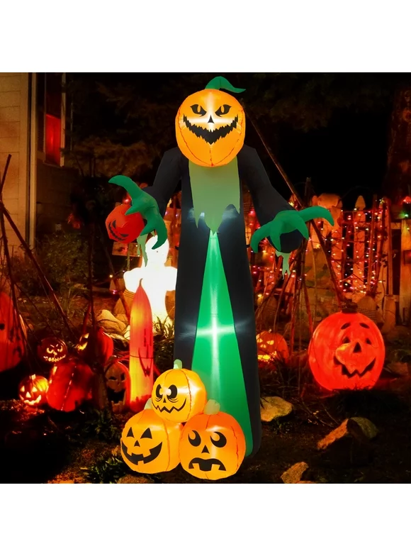 Yexmas 7FT Tall Halloween Inflatables Pumpkin Reaper w/ Pumpkins, Pumpkin Ghost with Built-in LED Lights, Blow Up Halloween Decoration for Yard, Lawn, Garden Décor