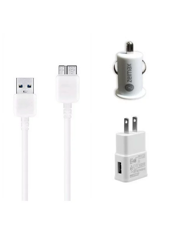 Zeimax® Cable, Car & Wall Charger Set -Includes (1) 3 Ft Cable, (1) Car Charger, and (1) Wall Charger. 3FT Cable USB 3.0 Data Sync & Charging Cable for Samsung Galaxy S5 V i9600 (White)