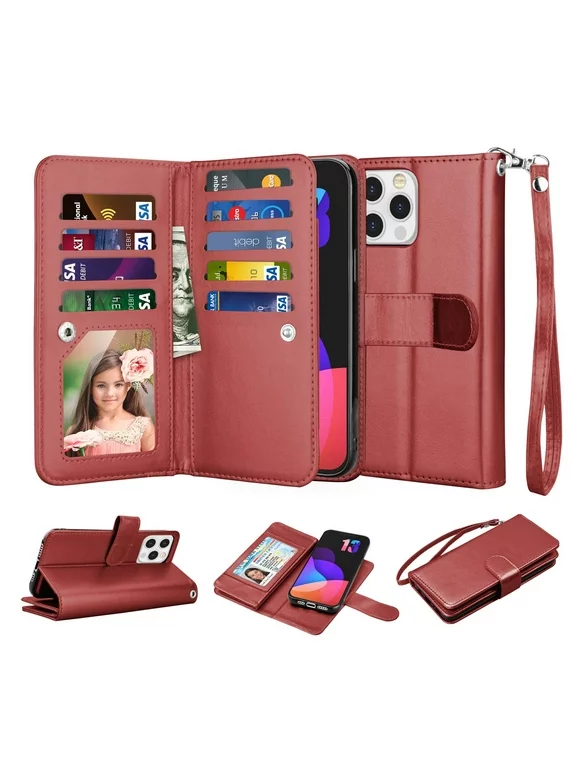 iPhone 13 Case, Wallet Case for iPhone 13, iPhone 13 PU Leather Case, Njjex Luxury PU Leather [9 Card Slots Holder ] Carrying Folio Flip Cover [Detachable Magnetic Hard Case] -Wine Red